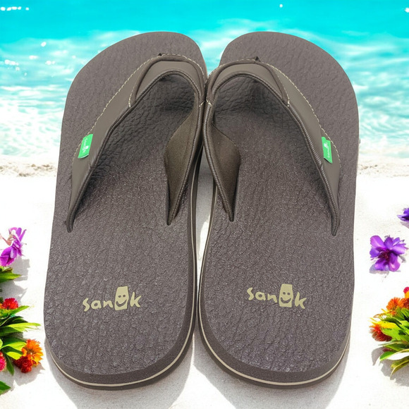 Sanuk Beer Cozy Flip Flops Thongs Brown Yoga Mat Men's Sz 8 EU 41 Beach Pool - Picture 3 of 6